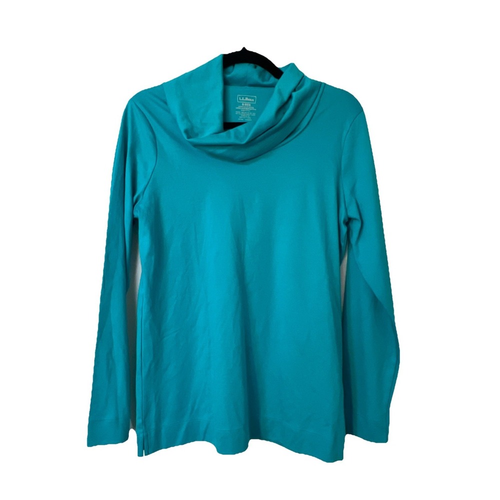 LL Bean Womens Cowl Neck Tee Long Sleeve Shirt Top Supima Cotton Blue SMALL REG